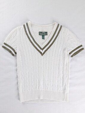 Lauren Ralph Lauren Cable Knit White Green Stripe V Neck Short Sleeve Sweater